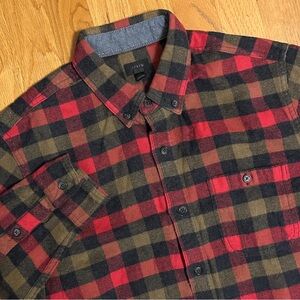 J. Crew Mens Medium Red Plaid Flannel Wool  Blend LS Shirt Leather Elbow Patches
